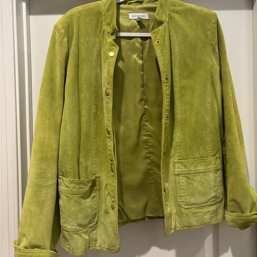DAVID BROOKS LG AVOCADO GREEN SUEDE SHORT JACKET GOLD SNAPS ROLL UP CUFFS LINED - Picture 4 of 15